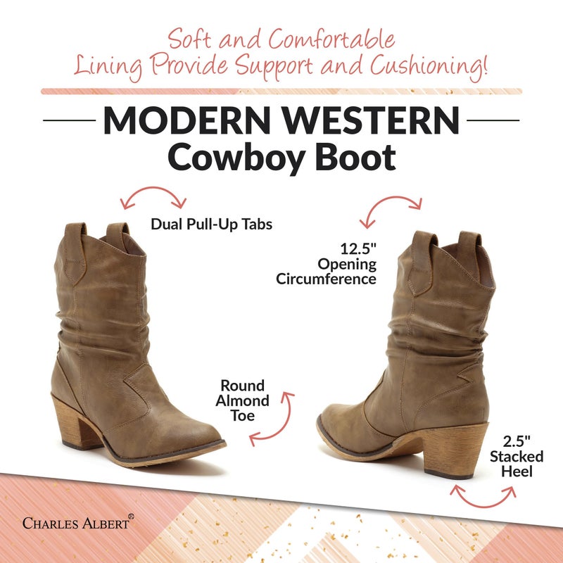 Charles Albert Modern Western Cowboy Boots for Women Ladies Stacked Heel Ankle Cowgirl Boots with Pull-Up Tabs in Mocha Size 9 - Image 5